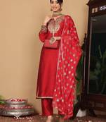 Maroon Paisley Embroidered Regular Sequinned Kurta With Trouser With Dupatta