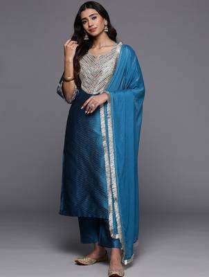 Ethnic Motifs Embroidered Regular Sequinned Kurta with Trousers & Dupatta 1