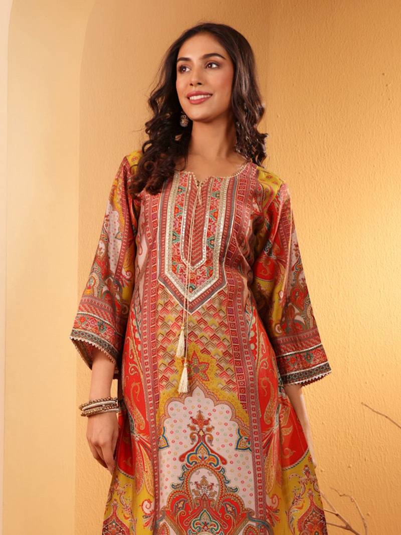 Women Ethnic Motifs Printed Regular Gotta Patti Chanderi Silk Kurta Trousers