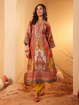 Women Ethnic Motifs Printed Regular Gotta Patti Chanderi Silk Kurta Trousers 1