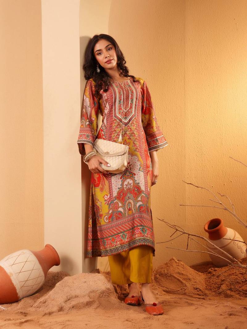 Women Ethnic Motifs Printed Regular Gotta Patti Chanderi Silk Kurta Trousers