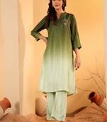 Green Ombre Dyed Mandarin Collar Sequinned Kurta With Trouser