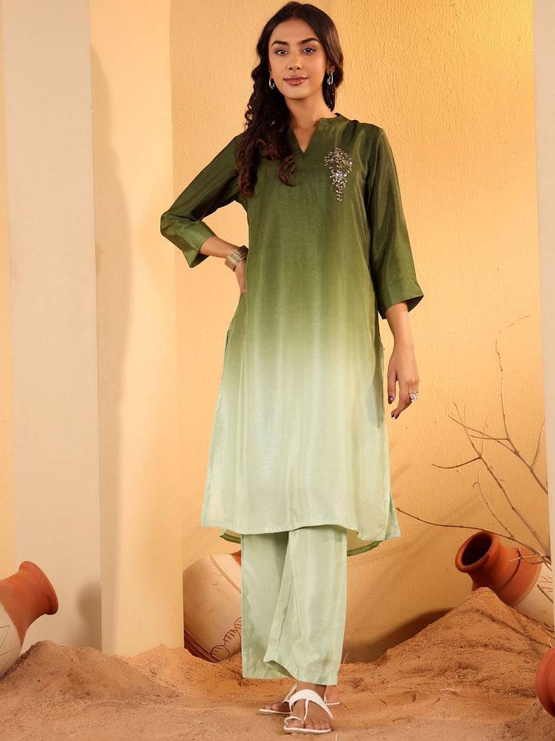 Green Ombre Dyed Mandarin Collar Sequinned Kurta With Trouser