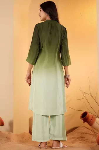 Green Ombre Dyed Mandarin Collar Sequinned Kurta With Trouser