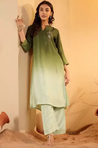 Green Ombre Dyed Mandarin Collar Sequinned Kurta With Trouser