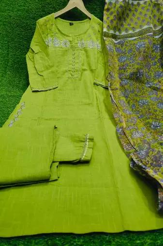 Beautiful mehendi green intricate thread embroidery khadi cotton straight kurta set with handblock kota doria dupatta