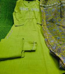 Beautiful mehendi green intricate thread embroidery khadi cotton straight kurta set with handblock kota doria dupatta