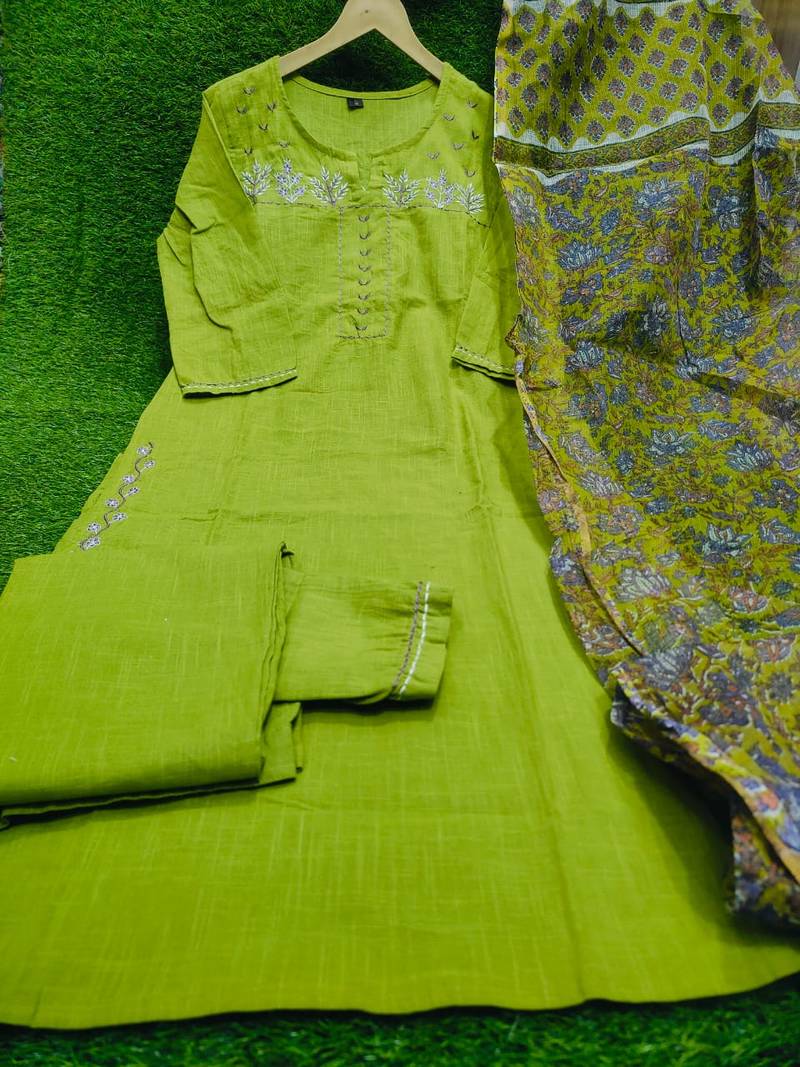 Beautiful mehendi green intricate thread embroidery khadi cotton straight kurta set with handblock kota doria dupatta