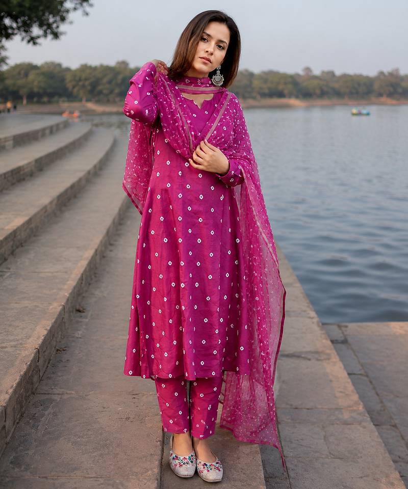 Beautiful rani pink bandhani print cotton straight kurta set