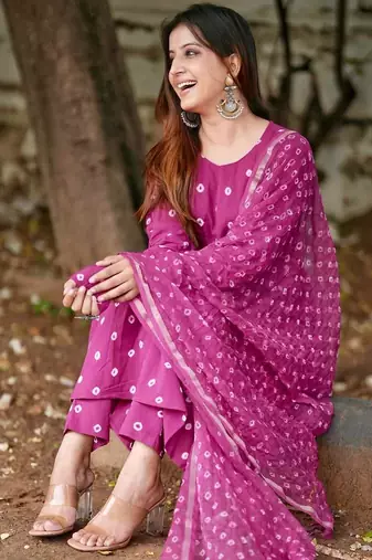 Beautiful rani pink bandhani print cotton straight kurta set
