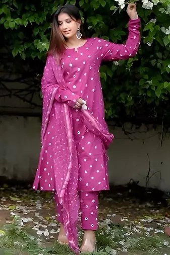Beautiful rani pink bandhani print cotton straight kurta set