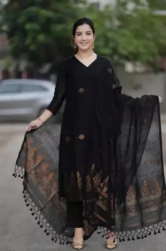 Beautiful black handwoven jamdani cotton straight kurta pant with tassel dupatta set
