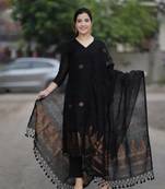 Beautiful black handwoven jamdani cotton straight kurta pant with tassel dupatta set
