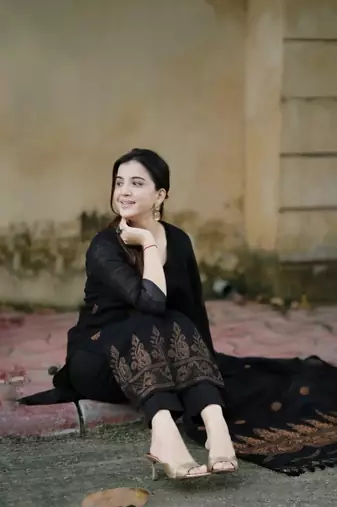 Beautiful black handwoven jamdani cotton straight kurta pant with tassel dupatta set