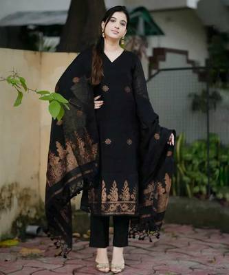 Beautiful black handwoven jamdani cotton straight kurta pant with tassel dupatta set 3