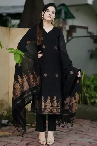 Beautiful black handwoven jamdani cotton straight kurta pant with tassel dupatta set