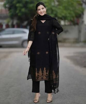 Beautiful black handwoven jamdani cotton straight kurta pant with tassel dupatta set 4