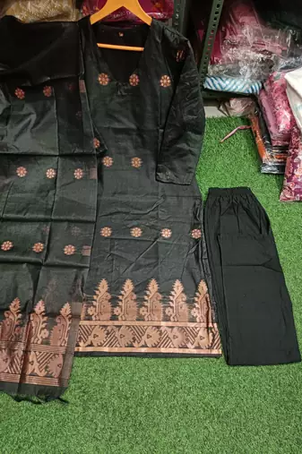 Beautiful black handwoven jamdani cotton straight kurta pant with tassel dupatta set