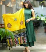 Beautiful bottle green solid handloom cotton neck a-line kurta palazzo set with yellow ajrakh applique mulmul dupatta