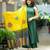 Beautiful bottle green solid handloom cotton neck a-line kurta palazzo set with yellow ajrakh applique mulmul dupatta