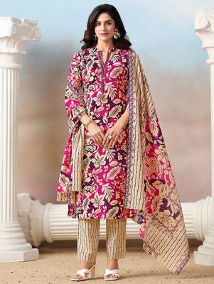 Women Floral Printed Regular Mirror Work Kurta with Trousers & With Dupatta 1