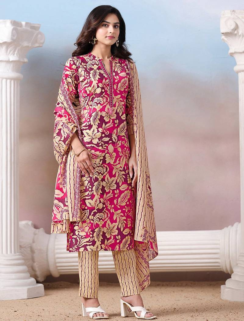 Women Floral Printed Regular Mirror Work Kurta with Trousers & With Dupatta
