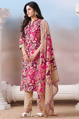 Women Floral Printed Regular Mirror Work Kurta with Trousers & With Dupatta
