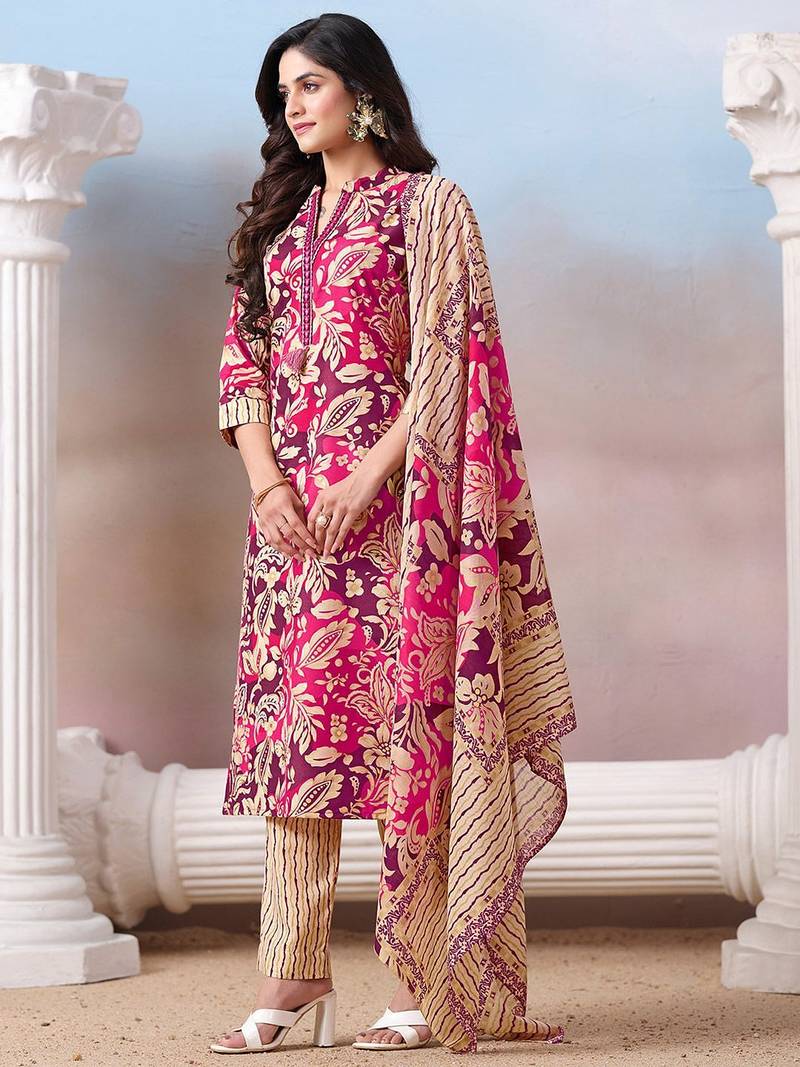 Women Floral Printed Regular Mirror Work Kurta with Trousers & With Dupatta