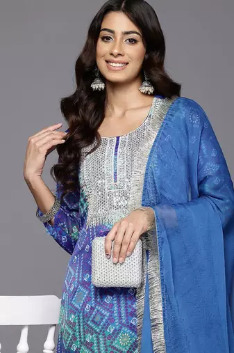 Bandhani Embroidered Sequinned Silk Georgette Republic Day Kurta With Trousers & Dupatta