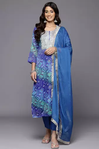 Bandhani Embroidered Sequinned Silk Georgette Republic Day Kurta With Trousers & Dupatta