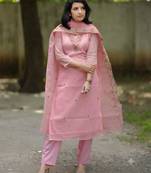 Beautiful pastel pink intricate floral embroidered kota doriya kurti pant suit set