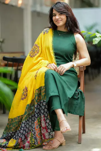Beautiful bottle green solid handloom cotton neck a-line kurta palazzo set with yellow ajrakh applique mulmul dupatta