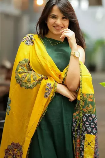 Beautiful bottle green solid handloom cotton neck a-line kurta palazzo set with yellow ajrakh applique mulmul dupatta