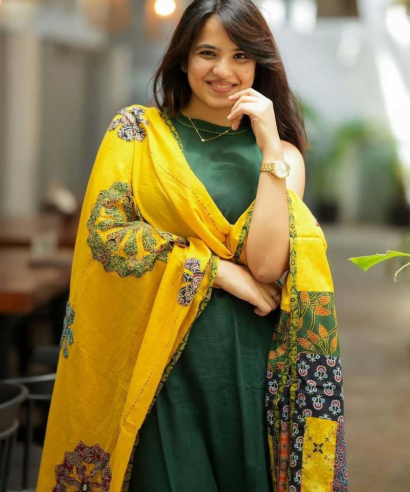Beautiful bottle green solid handloom cotton neck a-line kurta palazzo set with yellow ajrakh applique mulmul dupatta