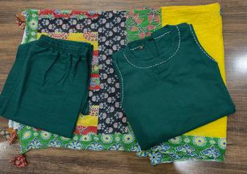 Beautiful bottle green solid handloom cotton neck a-line kurta palazzo set with yellow ajrakh applique mulmul dupatta 5