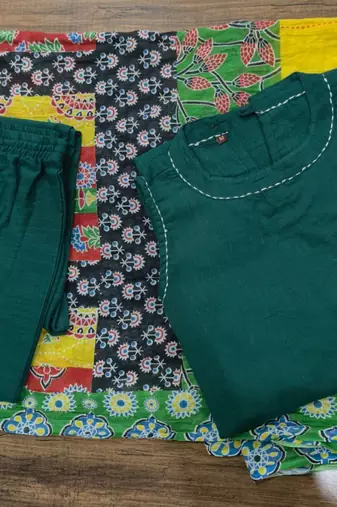 Beautiful bottle green solid handloom cotton neck a-line kurta palazzo set with yellow ajrakh applique mulmul dupatta