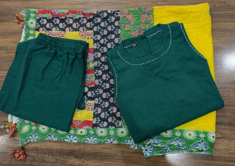 Beautiful bottle green solid handloom cotton neck a-line kurta palazzo set with yellow ajrakh applique mulmul dupatta