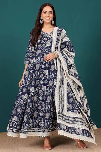 Women Ethnic Motifs Printed Regular Pure Cotton Kurta with Trousers & With Dupatta