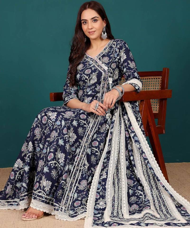 Women Ethnic Motifs Printed Regular Pure Cotton Kurta with Trousers & With Dupatta