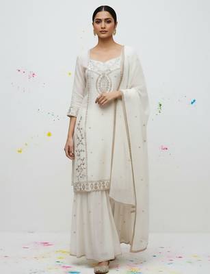 Women Ethnic Motifs Embroidered Regular Thread Work Kurta with Sharara & With Dupatta 1