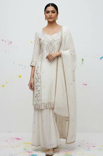 Women Ethnic Motifs Embroidered Regular Thread Work Kurta with Sharara & With Dupatta