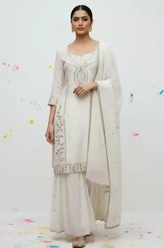 Women Ethnic Motifs Embroidered Regular Thread Work Kurta with Sharara & With Dupatta