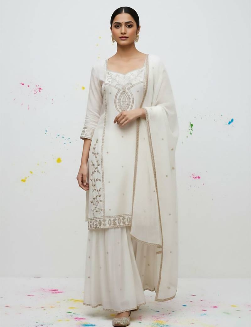 Women Ethnic Motifs Embroidered Regular Thread Work Kurta with Sharara & With Dupatta