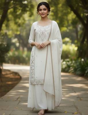 Women Ethnic Motifs Embroidered Regular Thread Work Kurta with Sharara & With Dupatta 2
