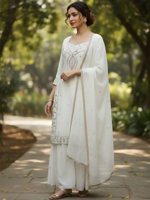 Women Ethnic Motifs Embroidered Regular Thread Work Kurta with Sharara & With Dupatta 4