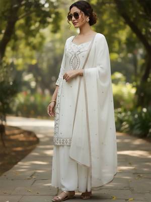 Women Ethnic Motifs Embroidered Regular Thread Work Kurta with Sharara & With Dupatta 6