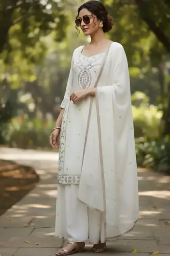 Women Ethnic Motifs Embroidered Regular Thread Work Kurta with Sharara & With Dupatta