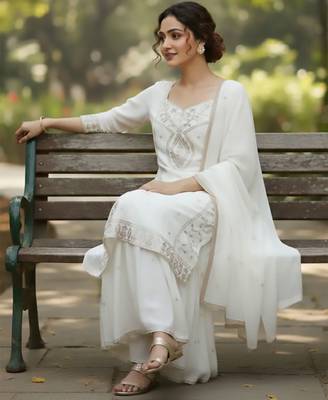 Women Ethnic Motifs Embroidered Regular Thread Work Kurta with Sharara & With Dupatta 7