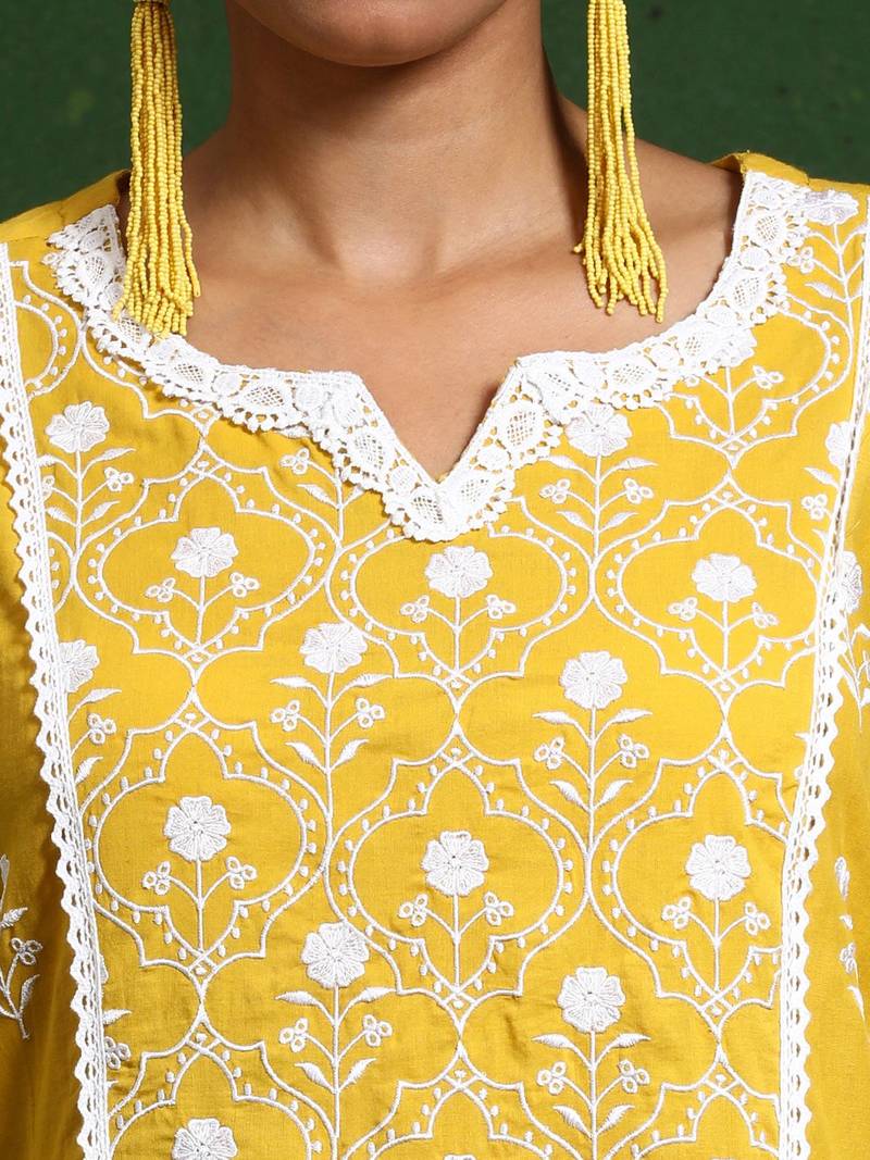 Women Floral Embroidered Regular Chikankari Pure Cotton Kurta with Trousers & With Dupatta