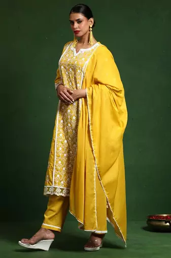 Women Floral Embroidered Regular Chikankari Pure Cotton Kurta with Trousers & With Dupatta